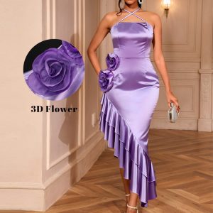 Sexy 3D Floral Pleated Irregular Ruffle Dress