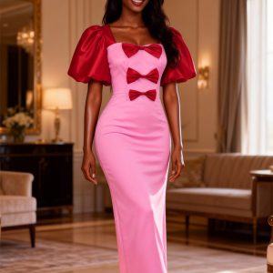 Fashionable Contrasting-Color Bow-Detailed Satin Puff-Sleeve Dress